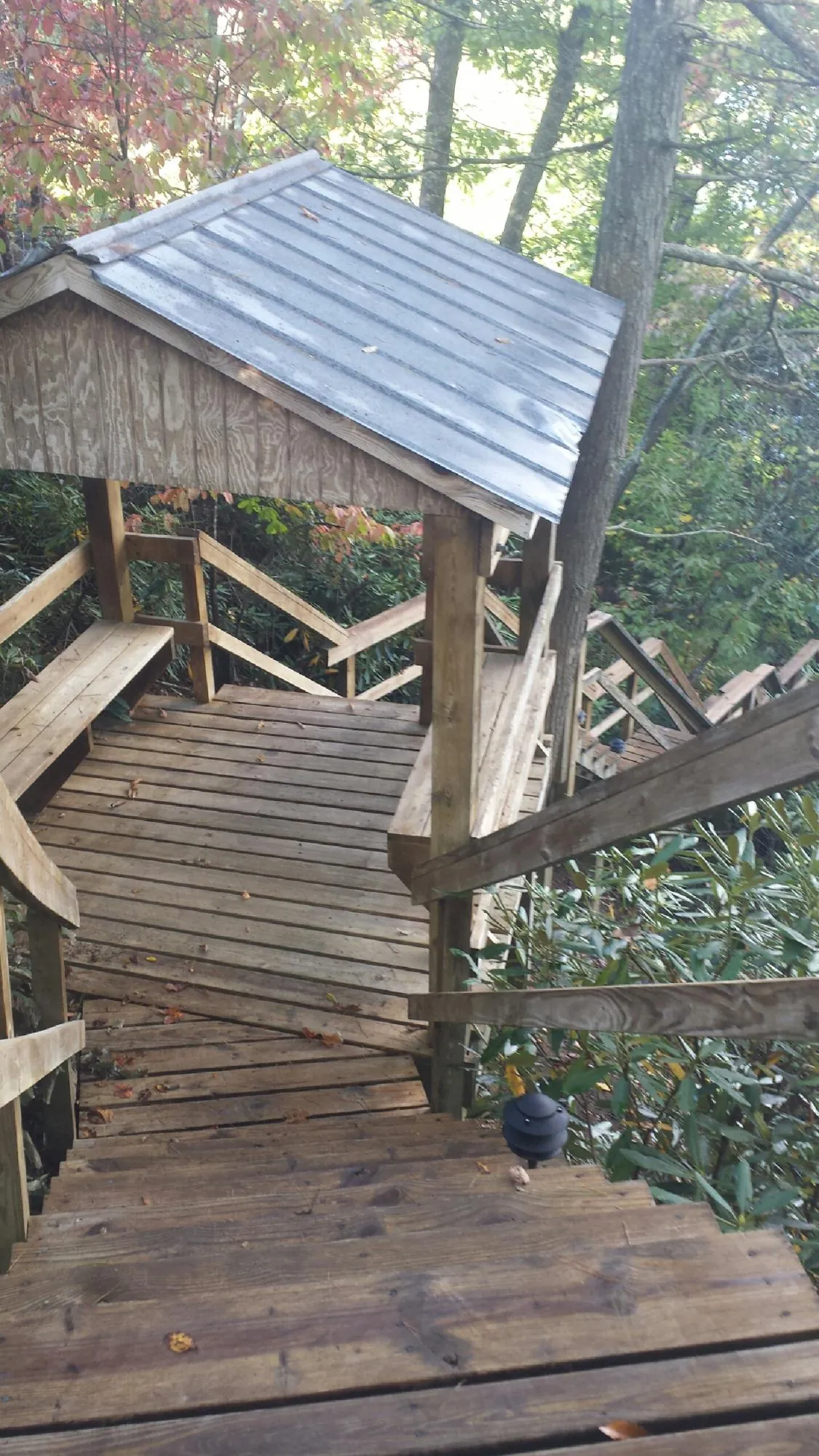 Metal roofed shelter over wooden steps on a wooded walkway — Skylight Repair & Installation work by our crew in Belleville